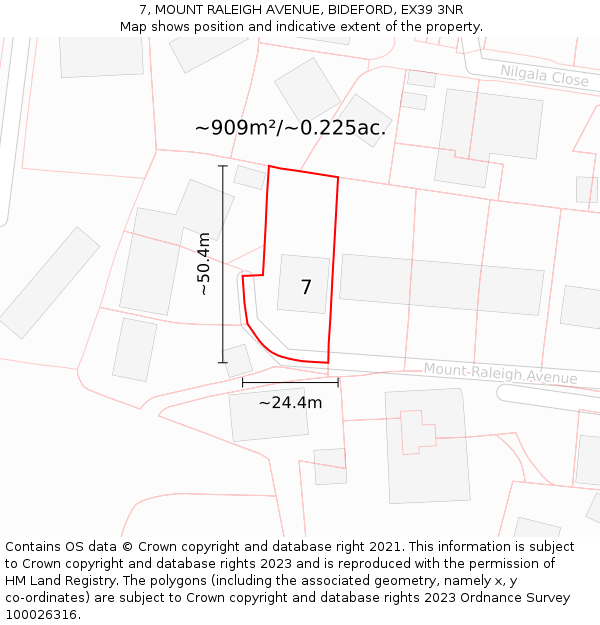 7, MOUNT RALEIGH AVENUE, BIDEFORD, EX39 3NR: Plot and title map