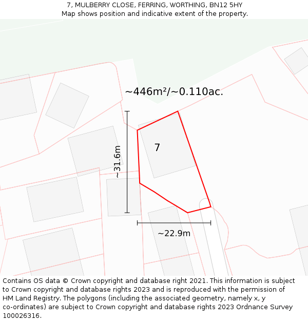 7, MULBERRY CLOSE, FERRING, WORTHING, BN12 5HY: Plot and title map