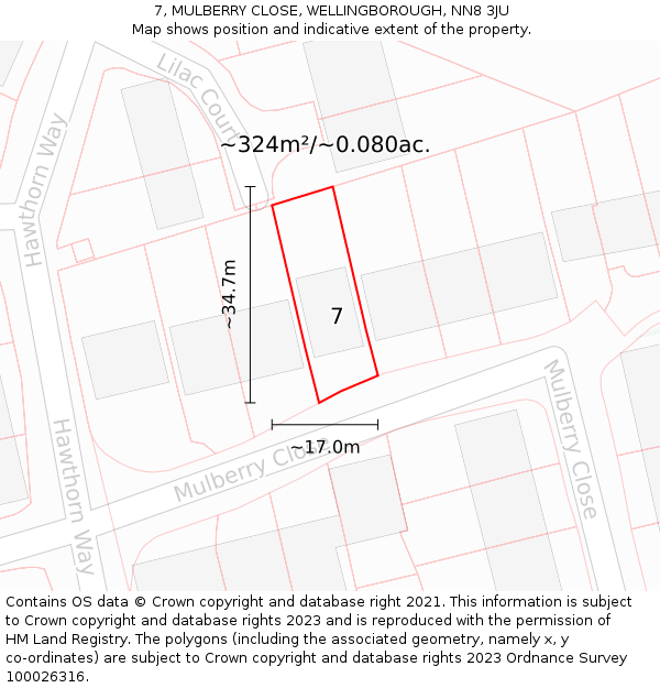 7, MULBERRY CLOSE, WELLINGBOROUGH, NN8 3JU: Plot and title map