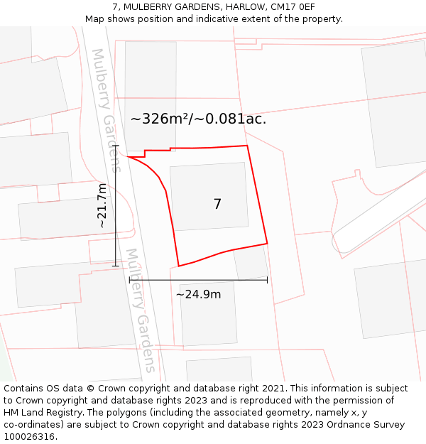 7, MULBERRY GARDENS, HARLOW, CM17 0EF: Plot and title map