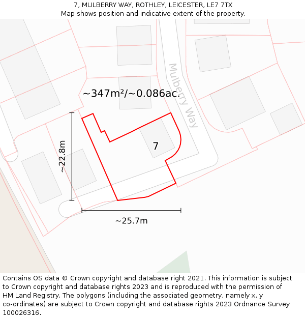 7, MULBERRY WAY, ROTHLEY, LEICESTER, LE7 7TX: Plot and title map