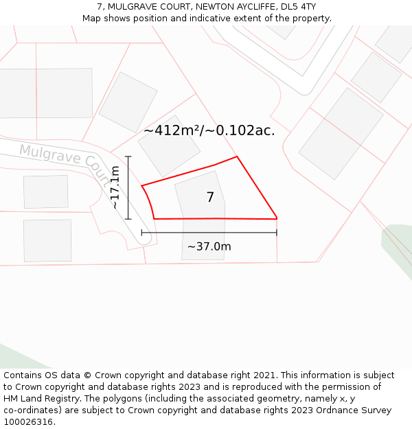 7, MULGRAVE COURT, NEWTON AYCLIFFE, DL5 4TY: Plot and title map