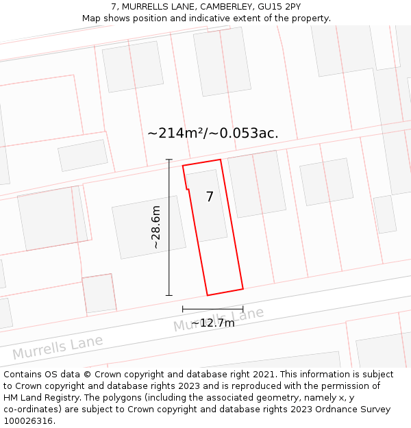 7, MURRELLS LANE, CAMBERLEY, GU15 2PY: Plot and title map