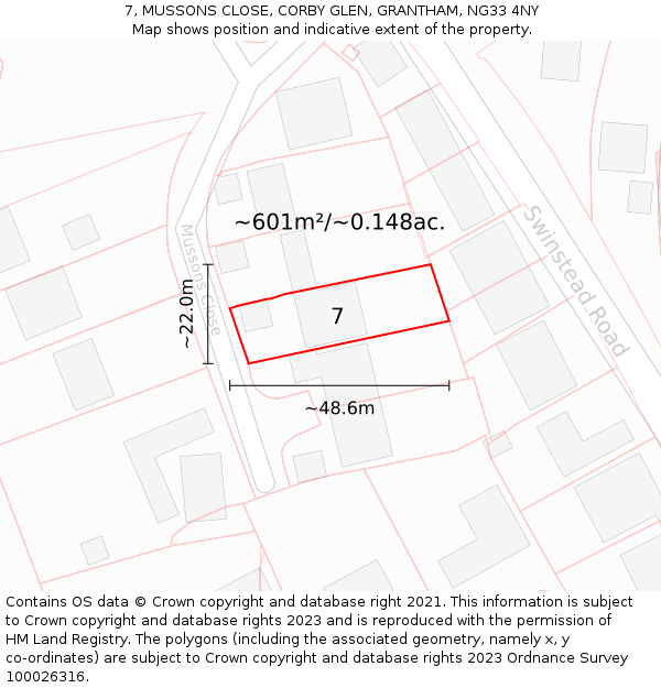 7, MUSSONS CLOSE, CORBY GLEN, GRANTHAM, NG33 4NY: Plot and title map