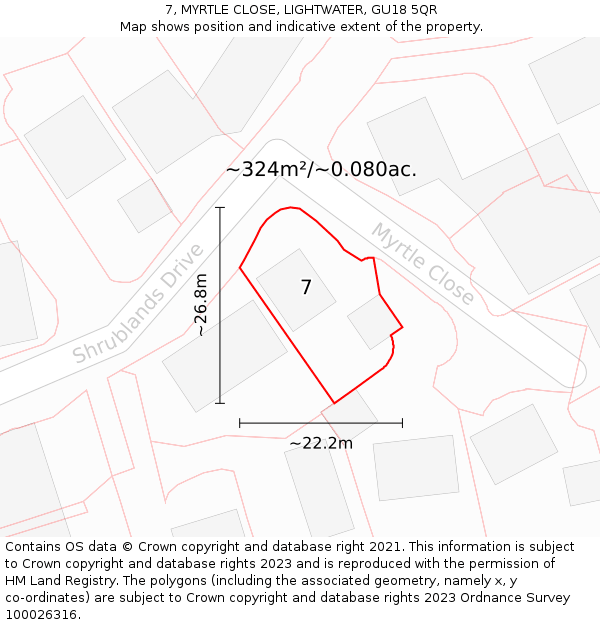 7, MYRTLE CLOSE, LIGHTWATER, GU18 5QR: Plot and title map