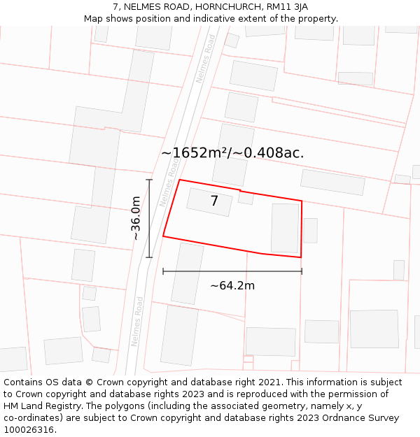 7, NELMES ROAD, HORNCHURCH, RM11 3JA: Plot and title map