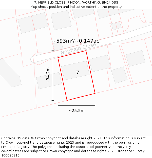 7, NEPFIELD CLOSE, FINDON, WORTHING, BN14 0SS: Plot and title map