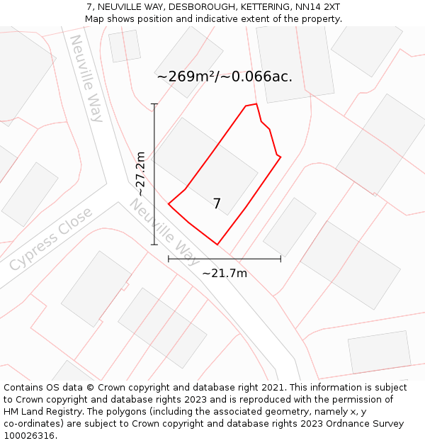 7, NEUVILLE WAY, DESBOROUGH, KETTERING, NN14 2XT: Plot and title map