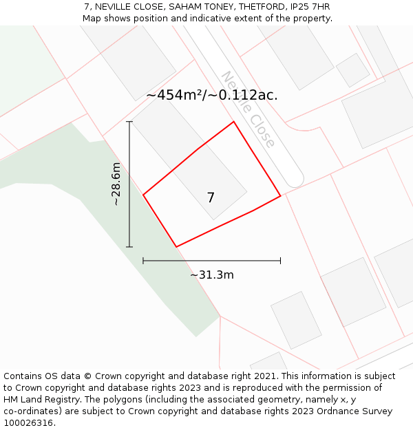 7, NEVILLE CLOSE, SAHAM TONEY, THETFORD, IP25 7HR: Plot and title map