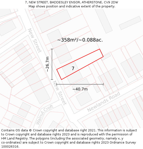 7, NEW STREET, BADDESLEY ENSOR, ATHERSTONE, CV9 2DW: Plot and title map