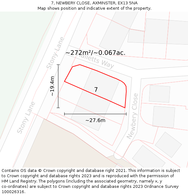 7, NEWBERY CLOSE, AXMINSTER, EX13 5NA: Plot and title map