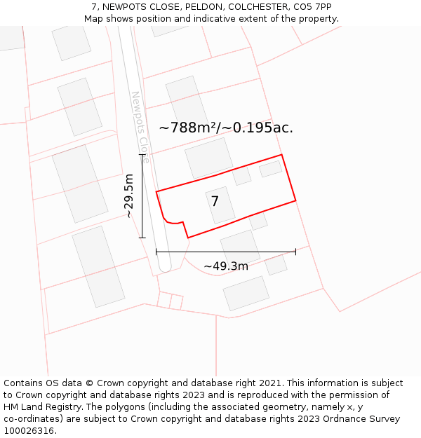 7, NEWPOTS CLOSE, PELDON, COLCHESTER, CO5 7PP: Plot and title map