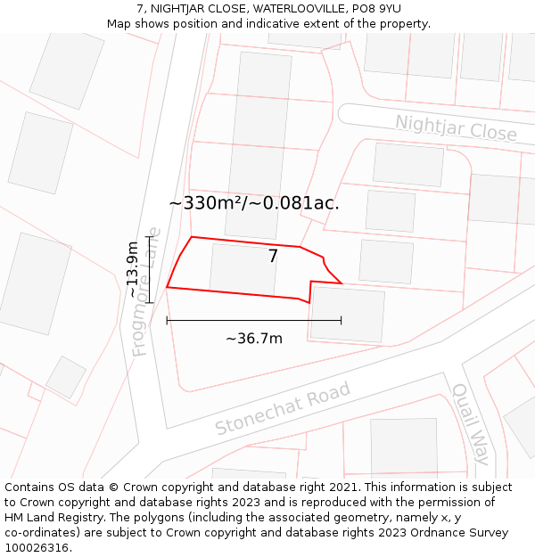 7, NIGHTJAR CLOSE, WATERLOOVILLE, PO8 9YU: Plot and title map