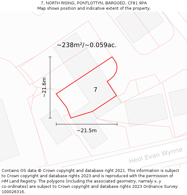 7, NORTH RISING, PONTLOTTYN, BARGOED, CF81 9PA: Plot and title map