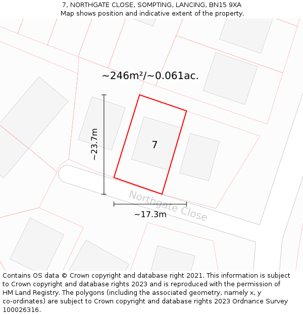 7, NORTHGATE CLOSE, SOMPTING, LANCING, BN15 9XA: Plot and title map