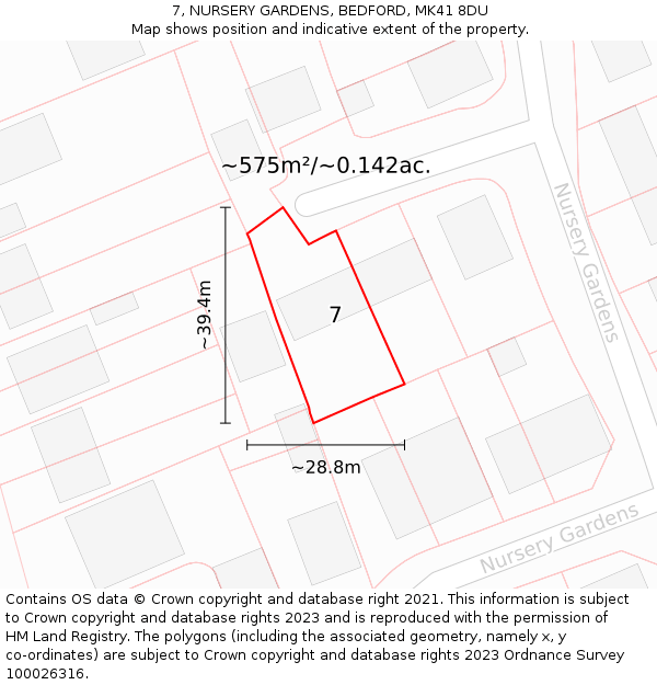 7, NURSERY GARDENS, BEDFORD, MK41 8DU: Plot and title map