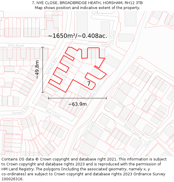 7, NYE CLOSE, BROADBRIDGE HEATH, HORSHAM, RH12 3TB: Plot and title map