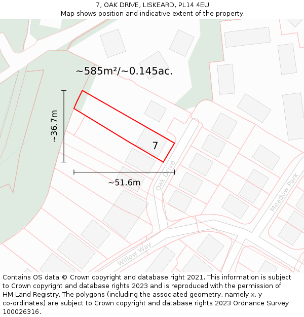 7, OAK DRIVE, LISKEARD, PL14 4EU: Plot and title map