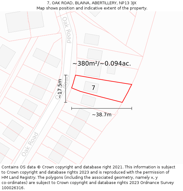 7, OAK ROAD, BLAINA, ABERTILLERY, NP13 3JX: Plot and title map