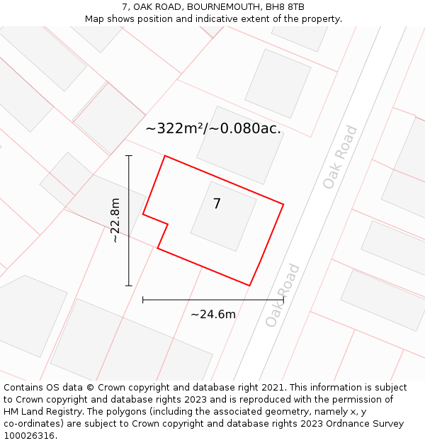 7, OAK ROAD, BOURNEMOUTH, BH8 8TB: Plot and title map