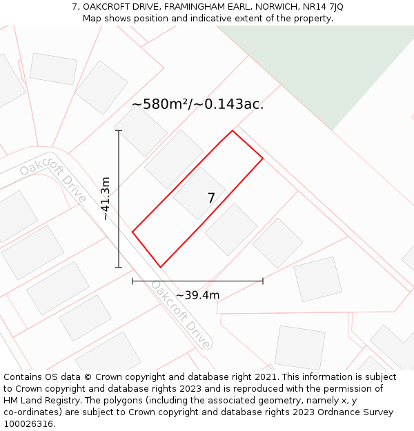 7, OAKCROFT DRIVE, FRAMINGHAM EARL, NORWICH, NR14 7JQ: Plot and title map