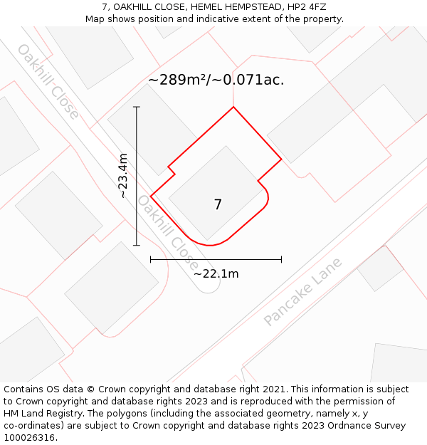 7, OAKHILL CLOSE, HEMEL HEMPSTEAD, HP2 4FZ: Plot and title map