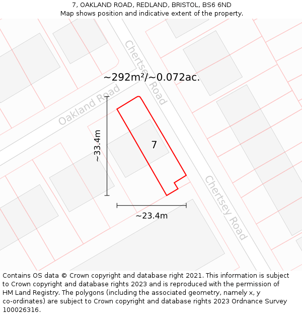 7, OAKLAND ROAD, REDLAND, BRISTOL, BS6 6ND: Plot and title map