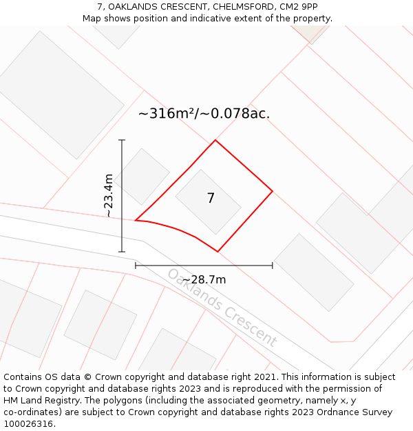 7, OAKLANDS CRESCENT, CHELMSFORD, CM2 9PP: Plot and title map