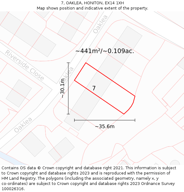 7, OAKLEA, HONITON, EX14 1XH: Plot and title map