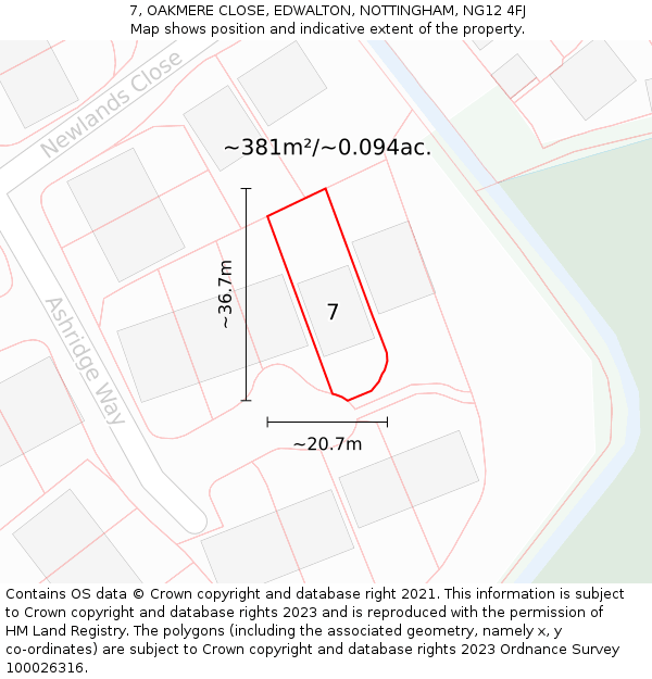 7, OAKMERE CLOSE, EDWALTON, NOTTINGHAM, NG12 4FJ: Plot and title map