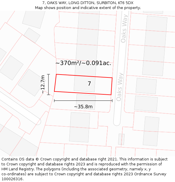 7, OAKS WAY, LONG DITTON, SURBITON, KT6 5DX: Plot and title map