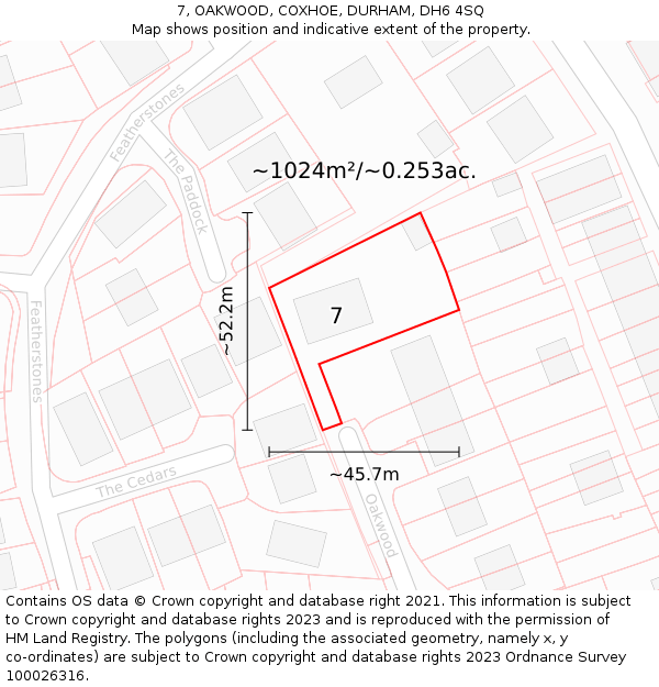 7, OAKWOOD, COXHOE, DURHAM, DH6 4SQ: Plot and title map