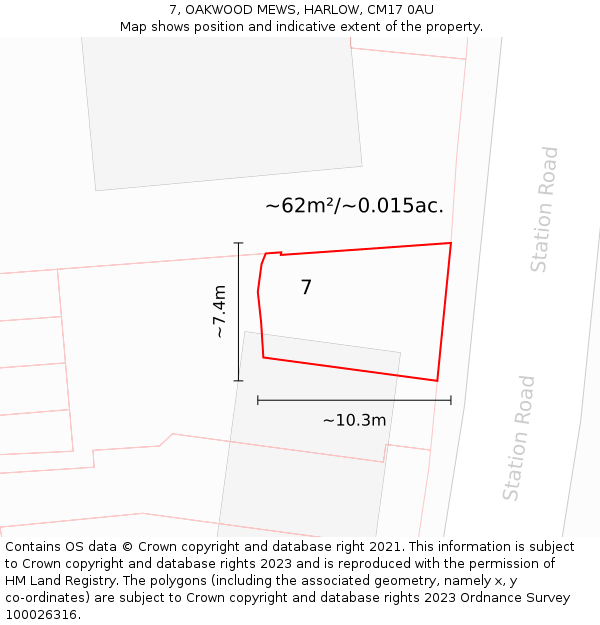 7, OAKWOOD MEWS, HARLOW, CM17 0AU: Plot and title map