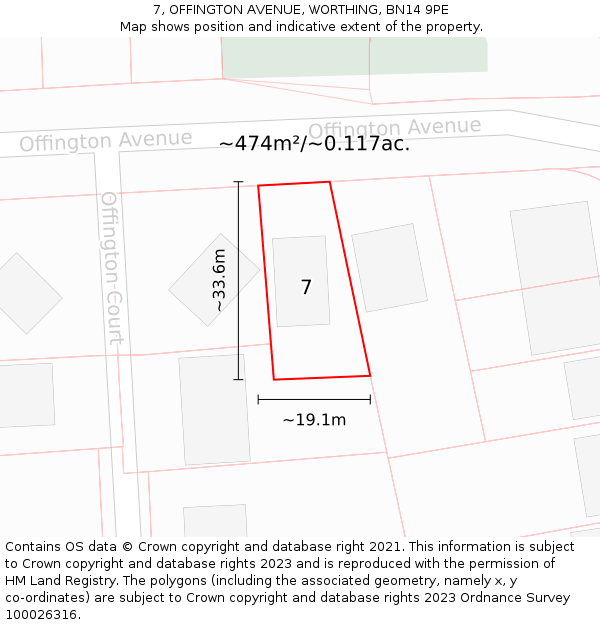 7, OFFINGTON AVENUE, WORTHING, BN14 9PE: Plot and title map