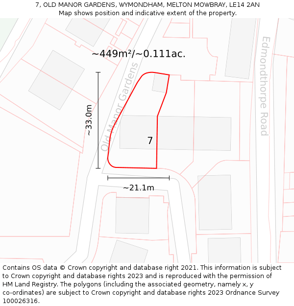 7, OLD MANOR GARDENS, WYMONDHAM, MELTON MOWBRAY, LE14 2AN: Plot and title map
