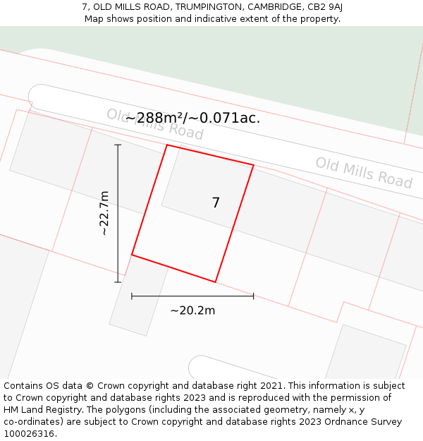 7, OLD MILLS ROAD, TRUMPINGTON, CAMBRIDGE, CB2 9AJ: Plot and title map