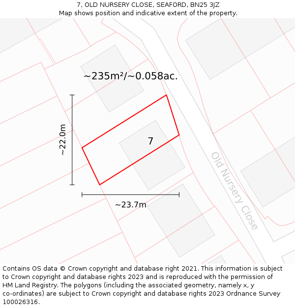 7, OLD NURSERY CLOSE, SEAFORD, BN25 3JZ: Plot and title map
