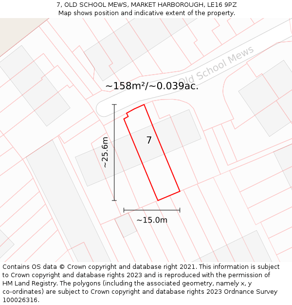 7, OLD SCHOOL MEWS, MARKET HARBOROUGH, LE16 9PZ: Plot and title map