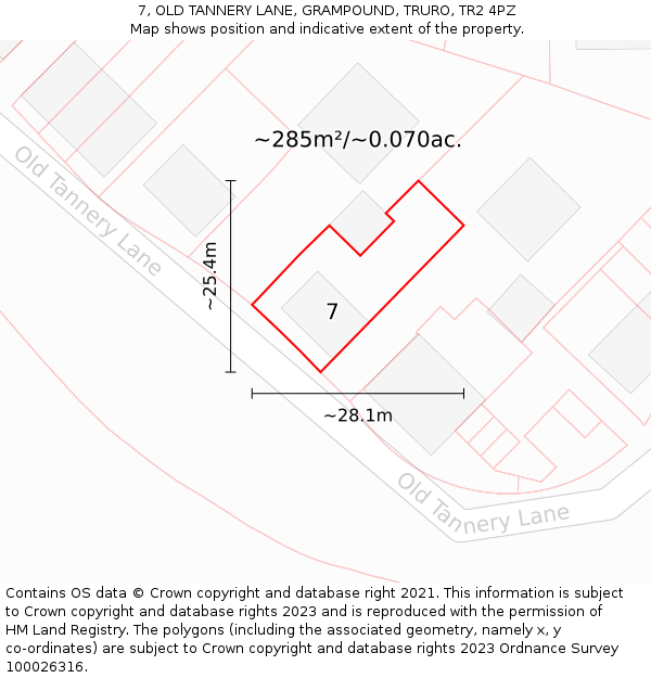 7, OLD TANNERY LANE, GRAMPOUND, TRURO, TR2 4PZ: Plot and title map