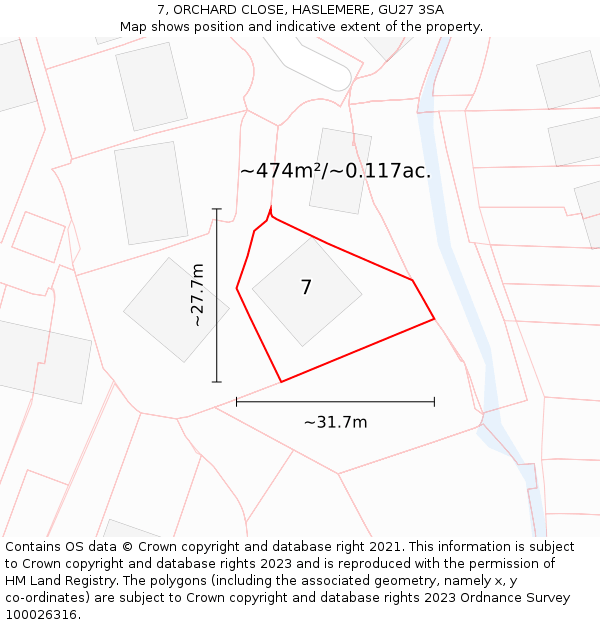 7, ORCHARD CLOSE, HASLEMERE, GU27 3SA: Plot and title map