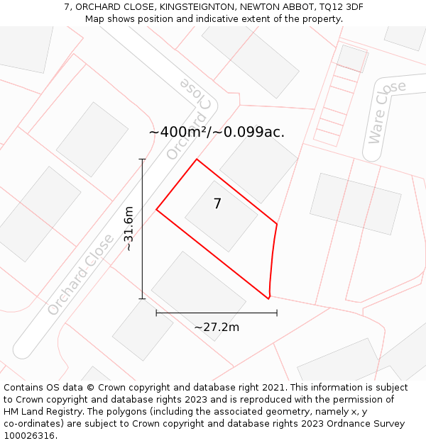 7, ORCHARD CLOSE, KINGSTEIGNTON, NEWTON ABBOT, TQ12 3DF: Plot and title map