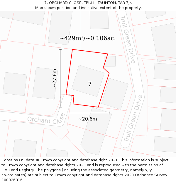 7, ORCHARD CLOSE, TRULL, TAUNTON, TA3 7JN: Plot and title map
