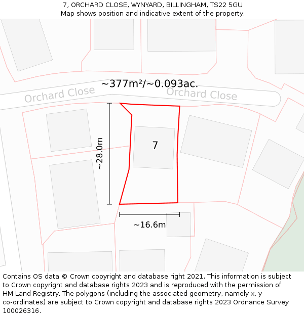 7, ORCHARD CLOSE, WYNYARD, BILLINGHAM, TS22 5GU: Plot and title map