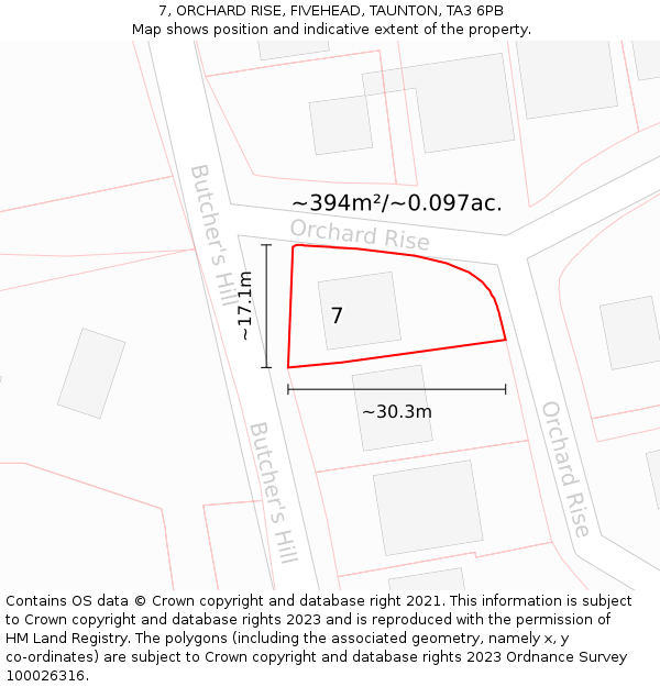 7, ORCHARD RISE, FIVEHEAD, TAUNTON, TA3 6PB: Plot and title map