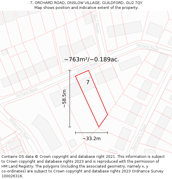 7, ORCHARD ROAD, ONSLOW VILLAGE, GUILDFORD, GU2 7QY: Plot and title map