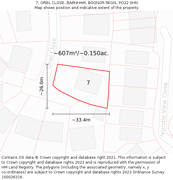 7, ORIEL CLOSE, BARNHAM, BOGNOR REGIS, PO22 0HN: Plot and title map