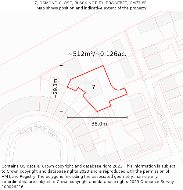 7, OSMOND CLOSE, BLACK NOTLEY, BRAINTREE, CM77 8FH: Plot and title map