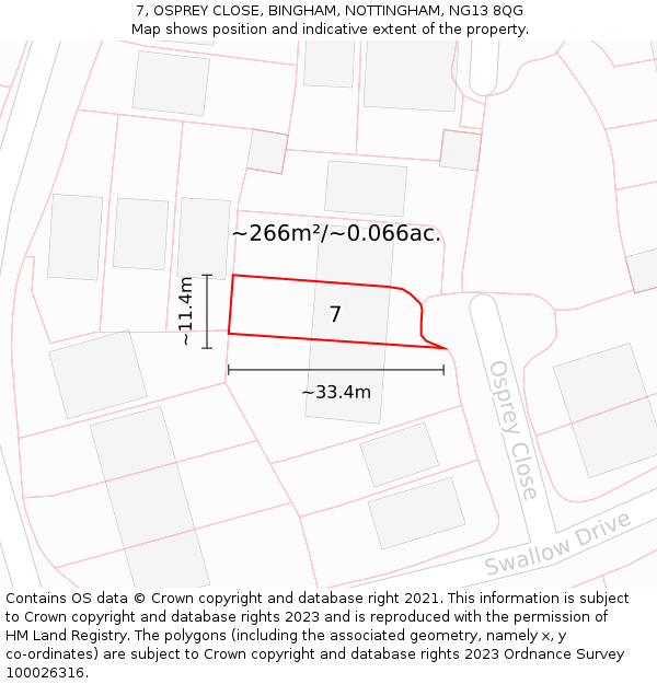 7, OSPREY CLOSE, BINGHAM, NOTTINGHAM, NG13 8QG: Plot and title map