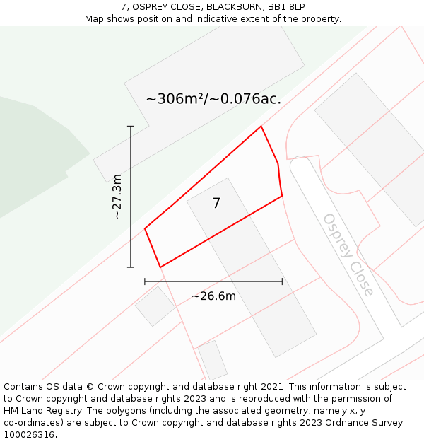 7, OSPREY CLOSE, BLACKBURN, BB1 8LP: Plot and title map