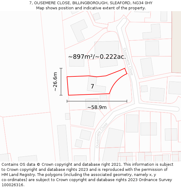 7, OUSEMERE CLOSE, BILLINGBOROUGH, SLEAFORD, NG34 0HY: Plot and title map